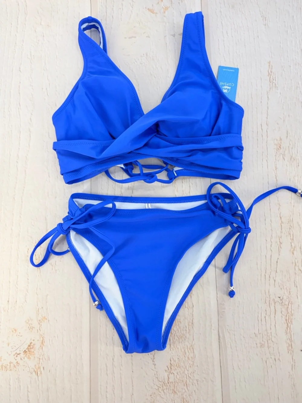 Cupshe Blue Bikini Set Size S Lace Up Back Tie Side Bottom NWT